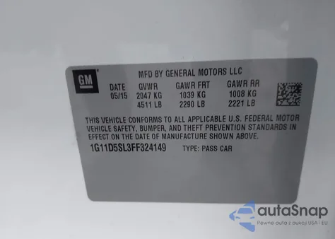 2015 Chevrolet Malibu 2Lt from USA, damaged, VIN 1G11D5SL3FF324149